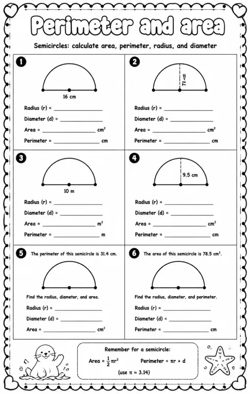 Semicircles: calculate area, perimeter, radius, and diameter