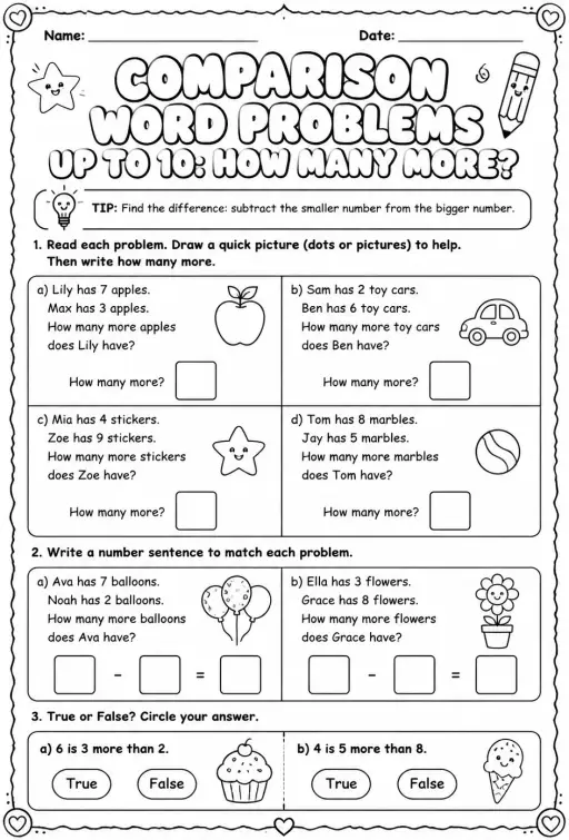 Comparison word problems up to 10: how many more?