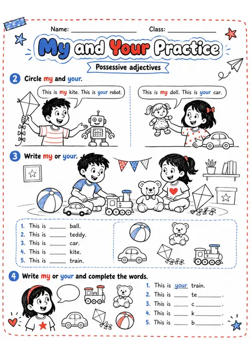 My or Your Possessive Adjectives | Grade 1 Grammar Practice