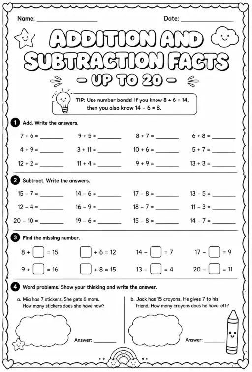 Addition and subtraction facts - up to 20