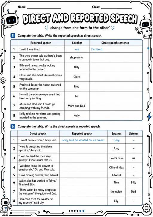Direct And Reported Speech | Grades 5-6 Grammar Worksheet