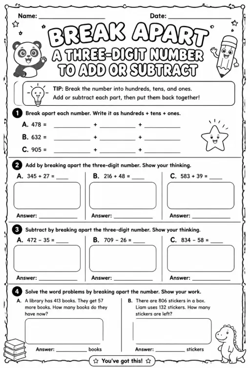 Break apart a three-digit number to add or subtract