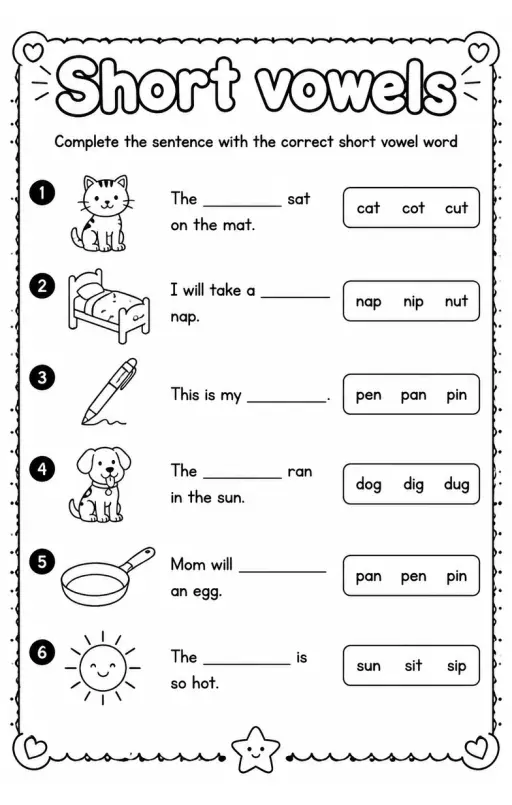 Complete the sentence with the correct short vowel word