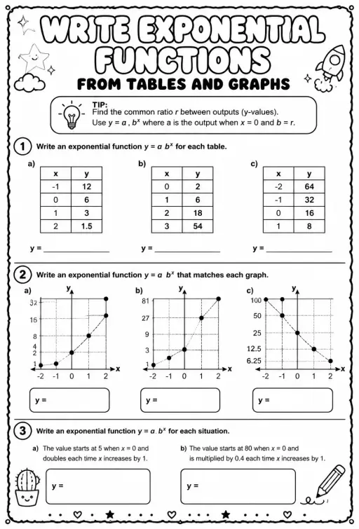 Write exponential functions from tables and graphs
