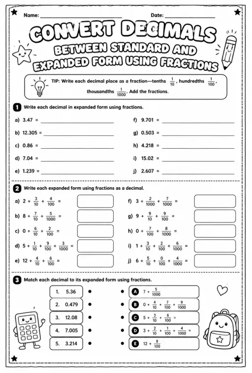 Convert decimals between standard and expanded form using fractions