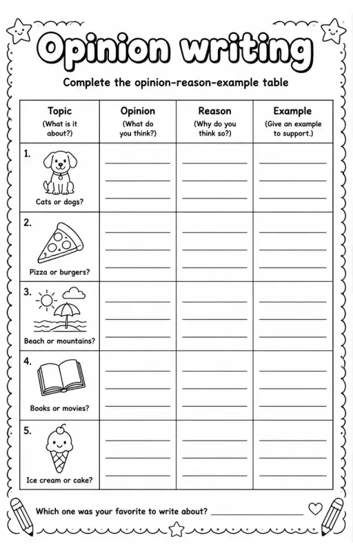 Complete the opinion-reason-example table