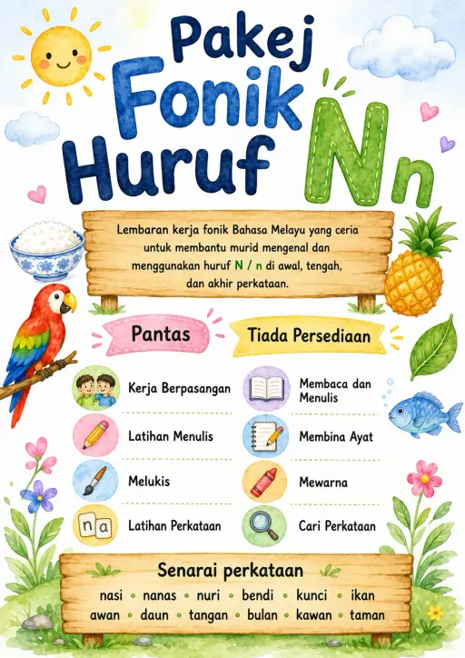 Malay Letter N Phonics Worksheets Pack