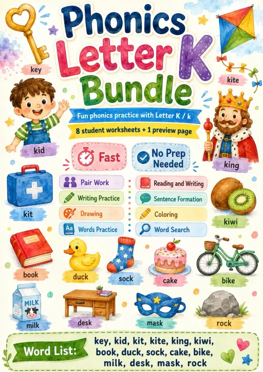 Letter K Phonics Worksheets Pack