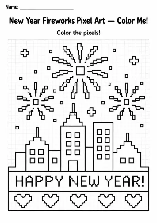 New Year Fireworks Pixel Art Coloring Page