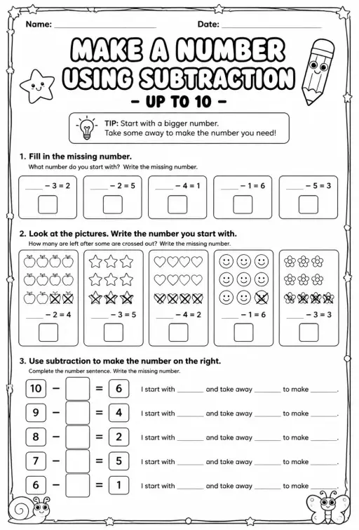 Make a number using subtraction - up to 10