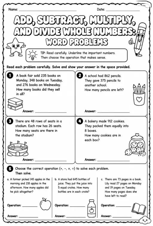 Add, subtract, multiply, and divide whole numbers: word problems