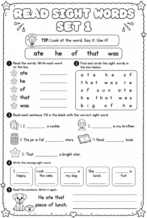 Read sight words set 1: ate, he, of, that, was