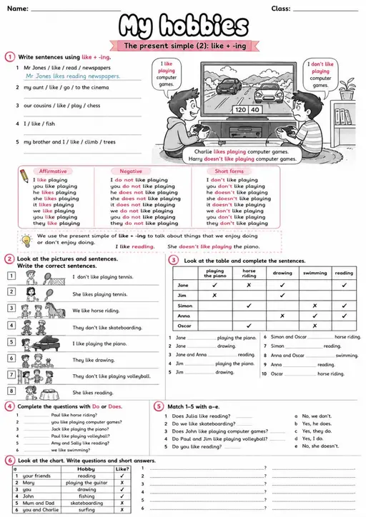 Like Plus Ing: My Hobbies | Grades 3-4 Grammar Worksheet - WKS-ELA-grade-3-4-GRM-0018-EN