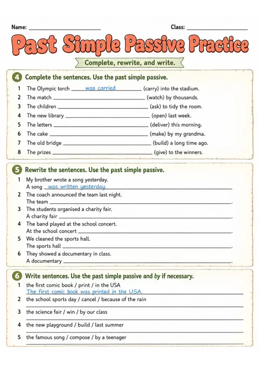 Past Simple Passive Practice | Grade 5 Grammar Worksheet