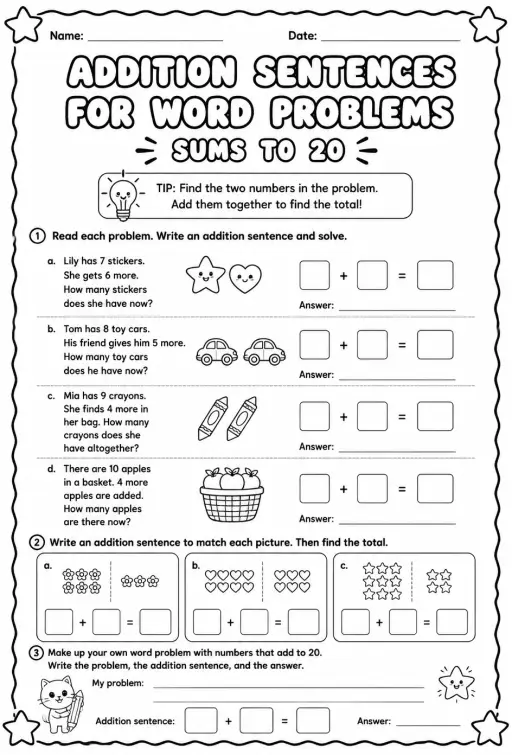 Addition sentences for word problems - sums to 20