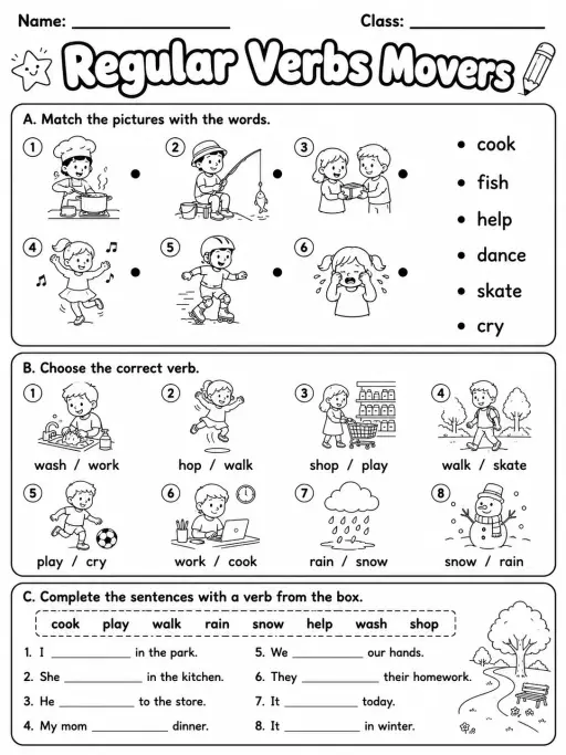 Regular Verbs Movers Vocabulary Worksheet Pack