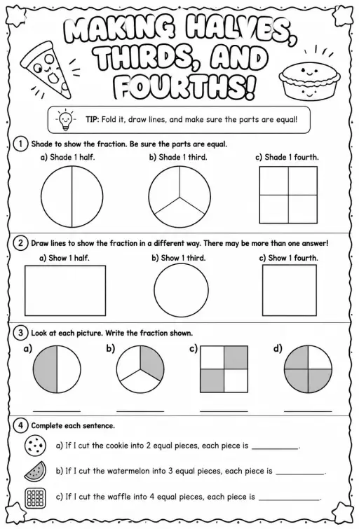 Make halves, thirds, and fourths in different ways