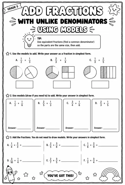Add fractions with unlike denominators using models