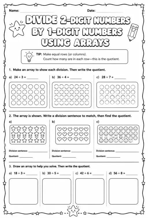 Divide 2-digit numbers by 1-digit numbers using arrays
