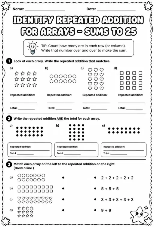 Identify repeated addition for arrays - sums to 25