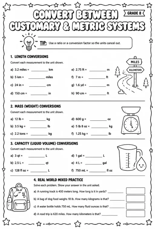 Convert between customary and metric systems