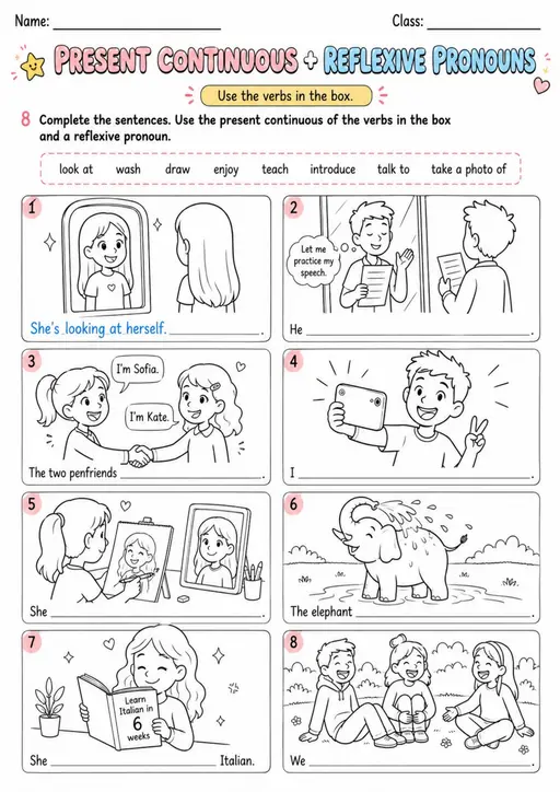 Present Continuous + Reflexive Pronouns | Grades 5-6 Grammar Worksheet