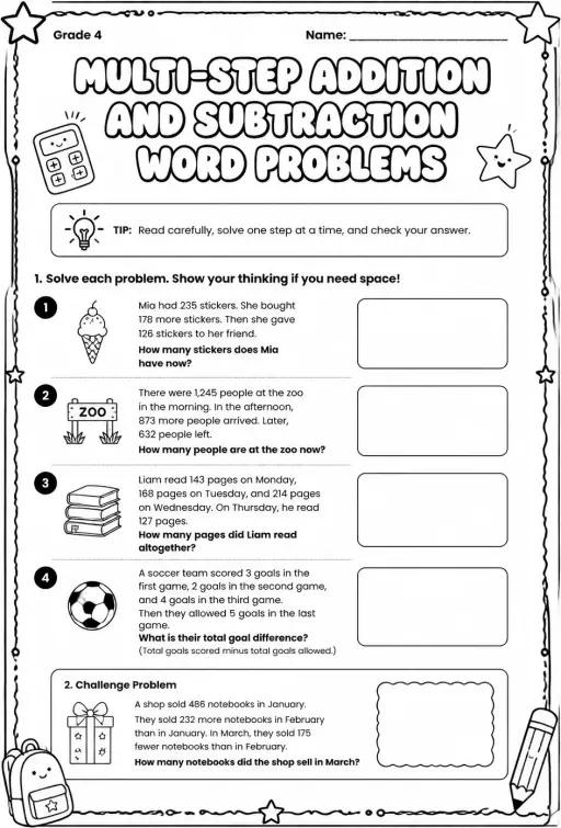 Multi-step addition and subtraction word problems