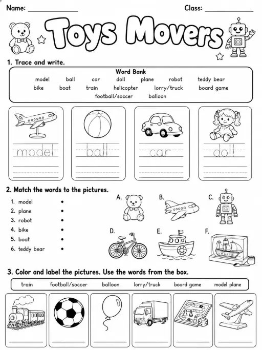 Toys Movers Vocabulary Worksheet Pack
