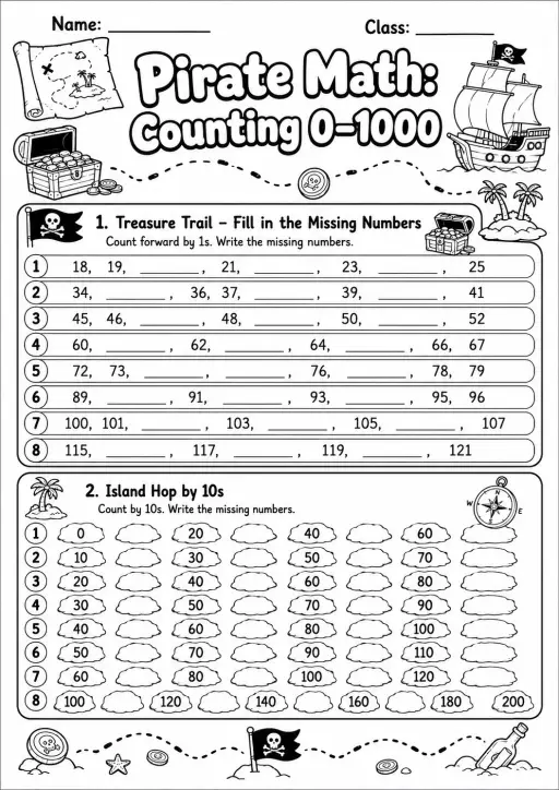 Pirate Math: Number Sequences Worksheet