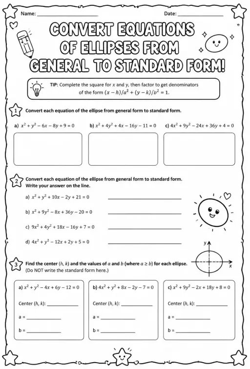 Convert equations of ellipses from general to standard form