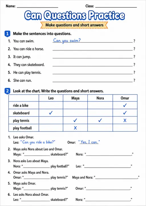 Can Questions Practice | Grades 2-3 Grammar Worksheet