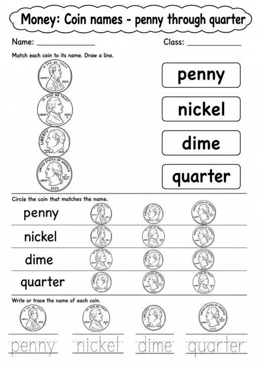 Kindergarten Money Math Worksheet Pack