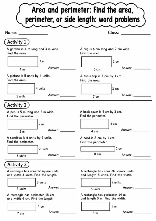 Grade 3 Area And Perimeter Math Worksheet Pack