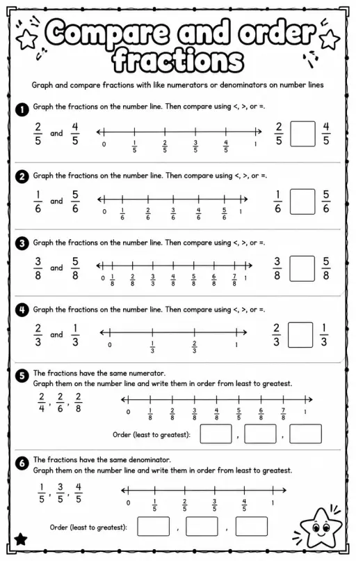 Graph and compare fractions with like numerators or denominators on number lines