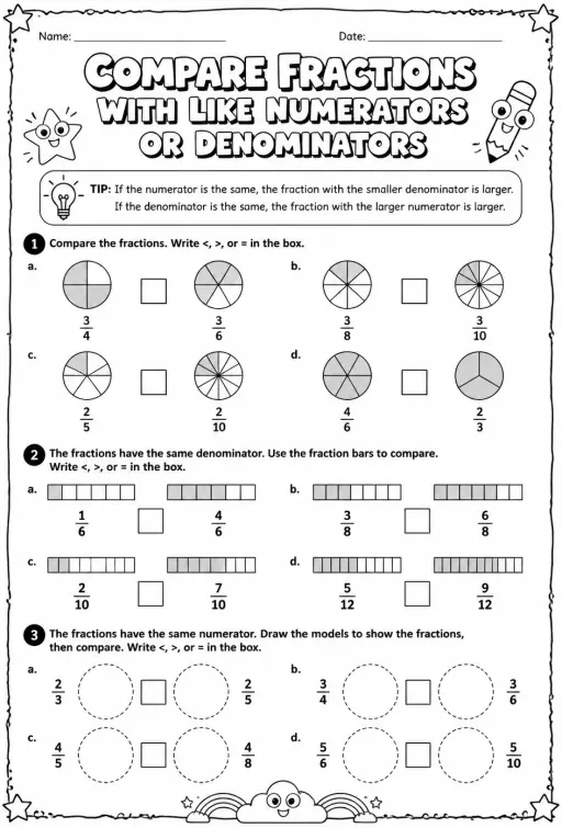 Compare fractions with like numerators or denominators using models