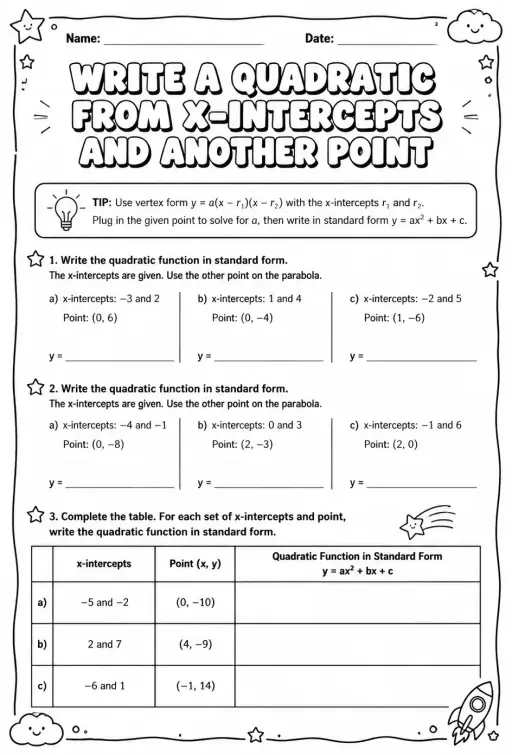 Write a quadratic function in standard form from its x-intercepts and another point