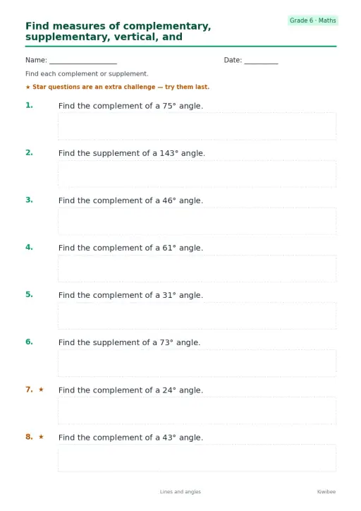 Find measures of complementary, supplementary, vertical, and adjacent angles