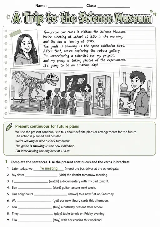 Future Forms: A Trip To The Science Museum | Grades 5-6 Grammar Worksheet