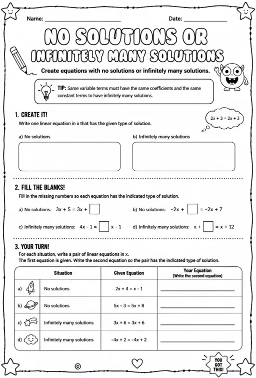 Create equations with no solutions or infinitely many solutions