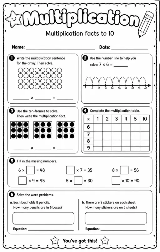 Multiplication facts to 10