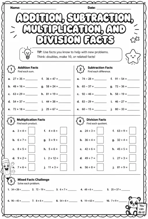 Addition, subtraction, multiplication, and division facts