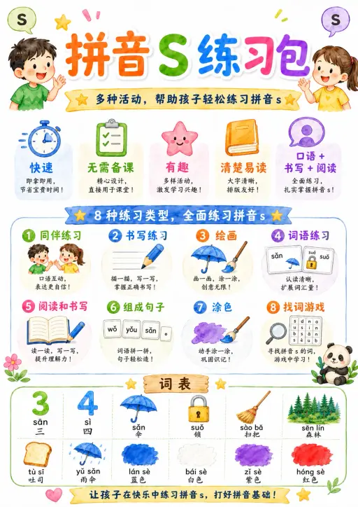 Chinese Pinyin Letter s Phonics Worksheets Pack