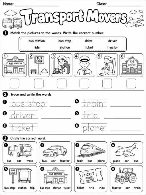 Transport Movers Vocabulary Worksheet Pack