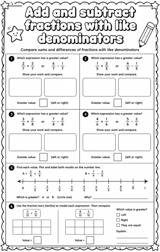 Compare sums and differences of fractions with like denominators