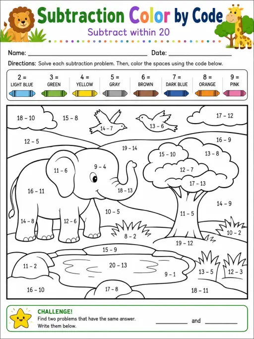 Subtraction Color by Code: Subtract within 20 - Set 2