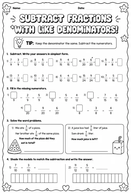 Subtract fractions with like denominators