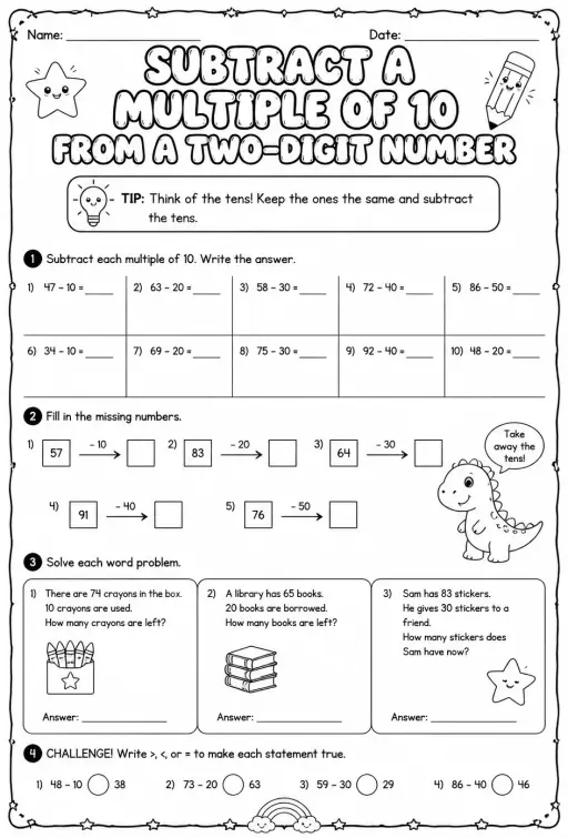 Subtract a multiple of 10 from a two-digit number