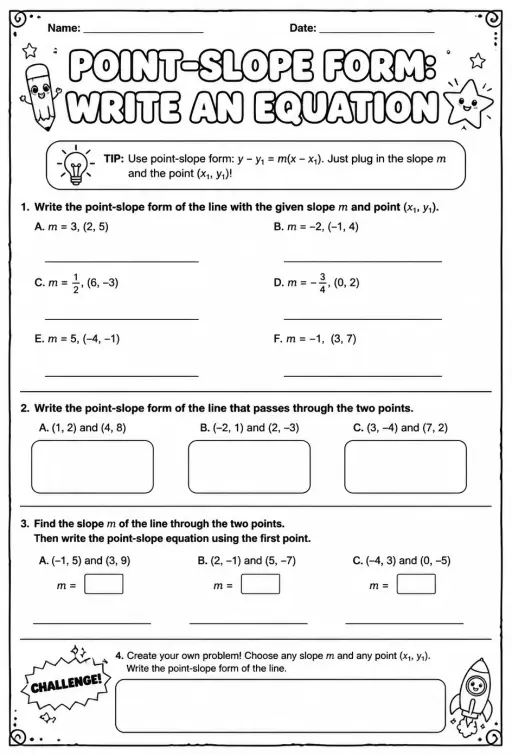 Point-slope form: write an equation