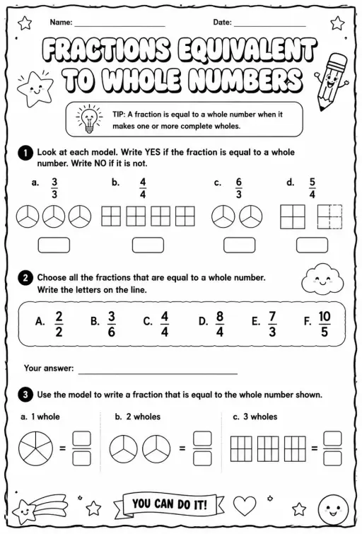 Select fractions equivalent to whole numbers using models