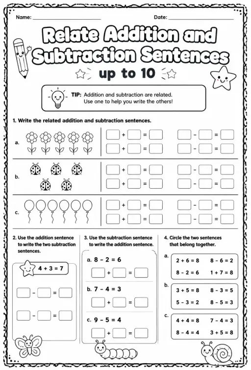 Relate addition and subtraction sentences - up to 10